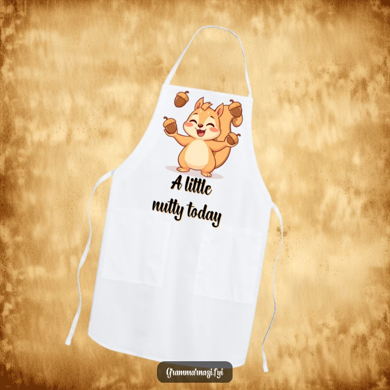 Funny apron with a cheerful squirrel skillfully juggling acorns, ready to assist in the kitchen with a smile.