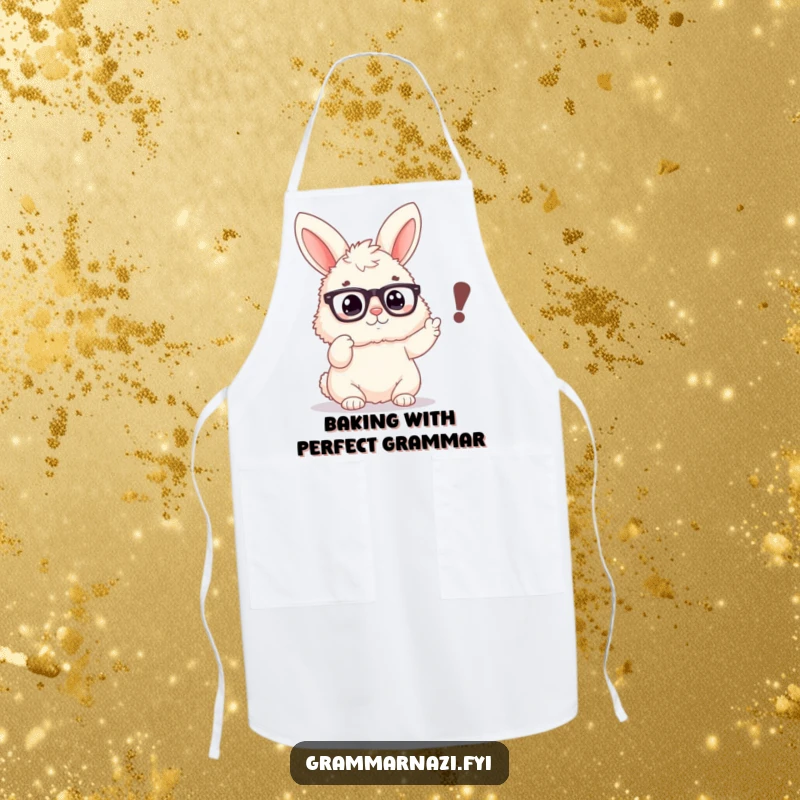 Funny apron featuring a fluffy bunny with spectacles, emphatically pointing at a misplaced comma, a humorous kitchen accessory.