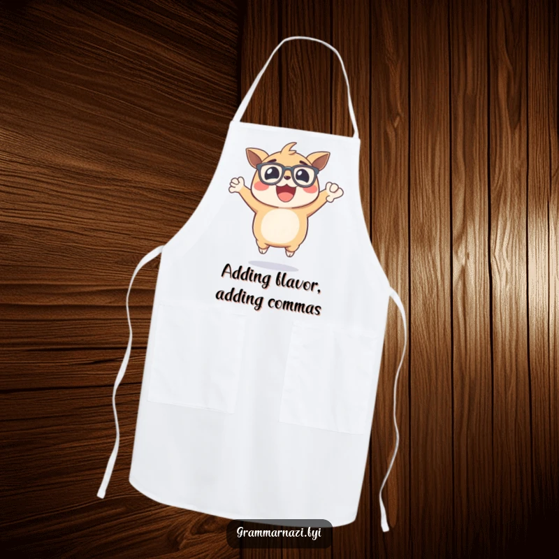 Funny apron with an excited, bespectacled creature holding a perfectly placed comma, ideal for chefs who appreciate grammar and humor.