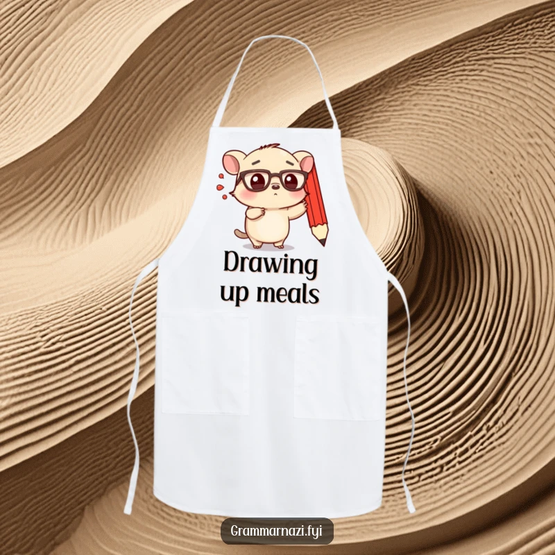 Funny apron with a small, determined creature with spectacles emphatically pointing at a floating, red pencil.