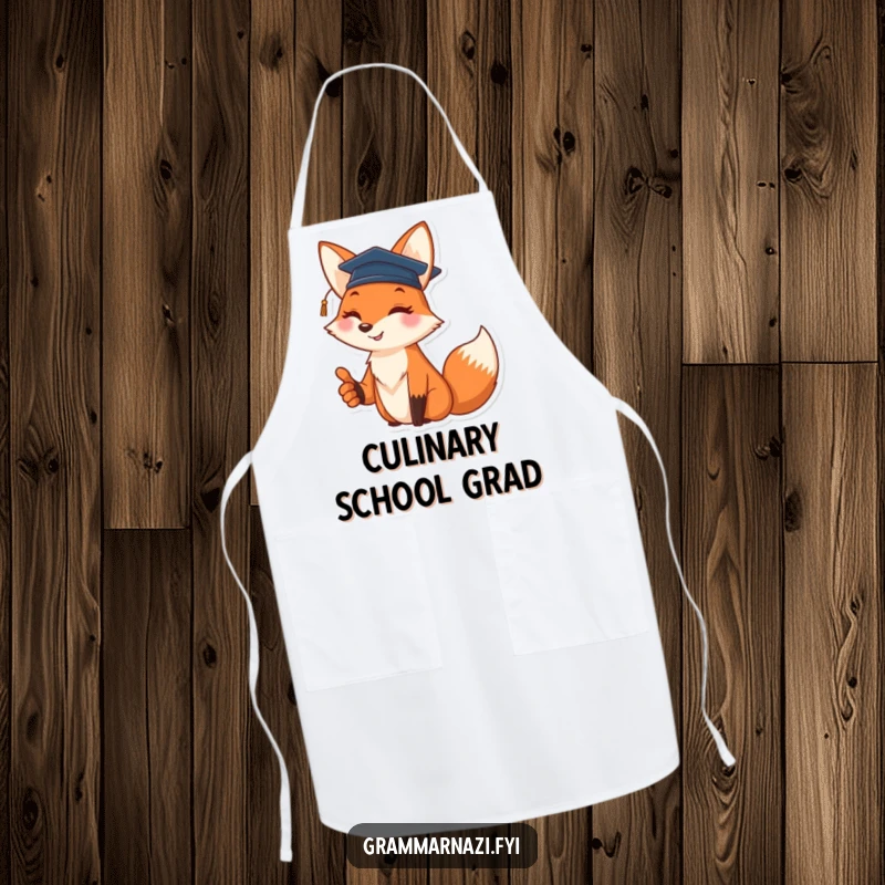 Funny apron featuring a cheerful fox with a graduation cap and thumbs up, perfect for celebratory cooking.