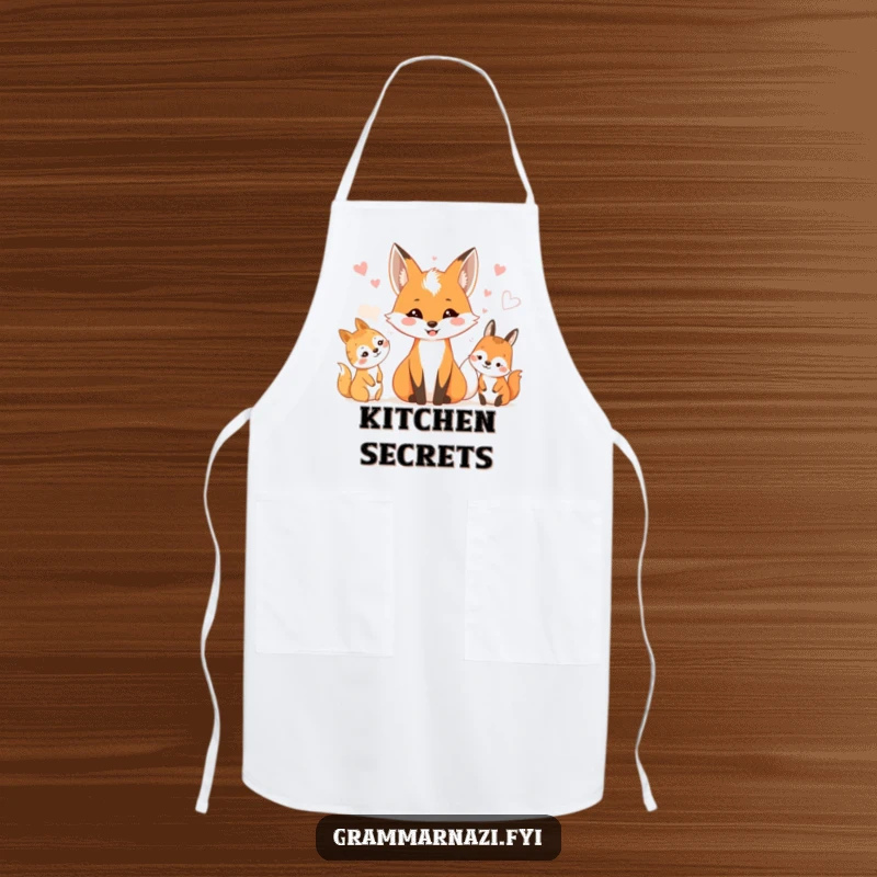 Funny apron featuring a smiling fox sharing whispers with woodland creatures. Kitchen storyteller.