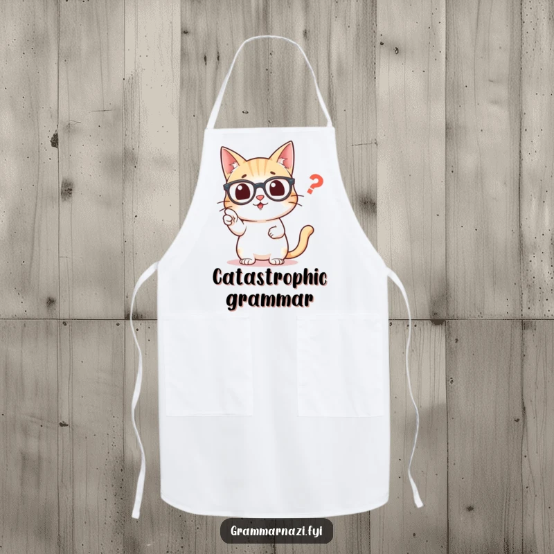 Funny apron featuring an intelligent cat in glasses, pointing diligently at a misplaced comma, ready for kitchen duty.