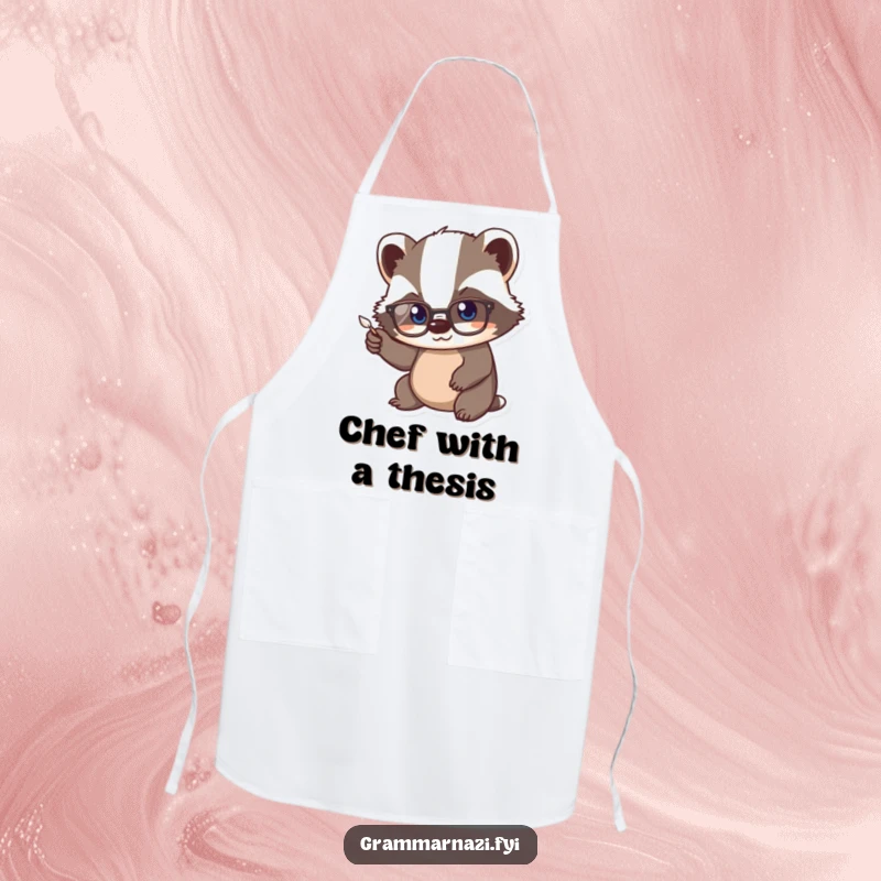 Funny Kawaii Badger Apron: A cute badger with spectacles vigorously points a tiny quill, a humorous and functional kitchen accessory.