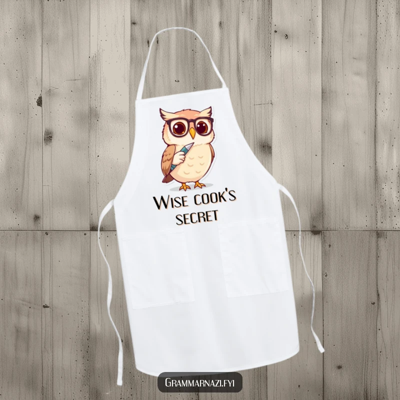 Funny Owl Spectacle Writer Apron: A cute owl with spectacles taps a pen, ready for humorous kitchen adventures.