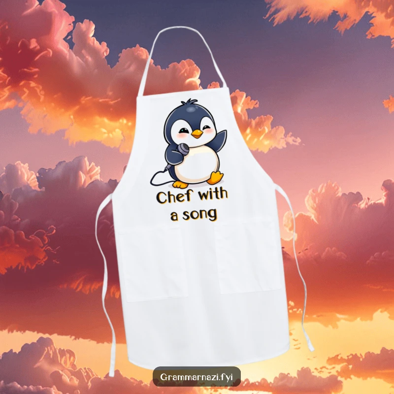 Funny apron featuring a tiny penguin winking while holding a miniature microphone. Culinary performer.