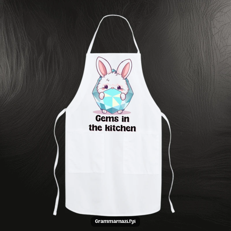 Funny apron with a fluffy bunny peeking from behind a large, sparkly gemstone. Kitchen magic.