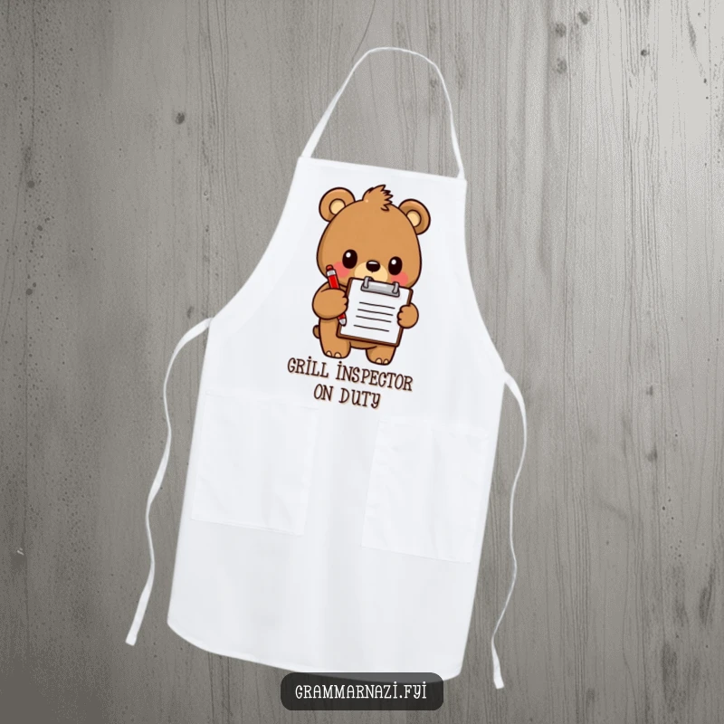 Funny Apron: A determined bear holds a clipboard and red pen, ready to inspect your cooking skills.