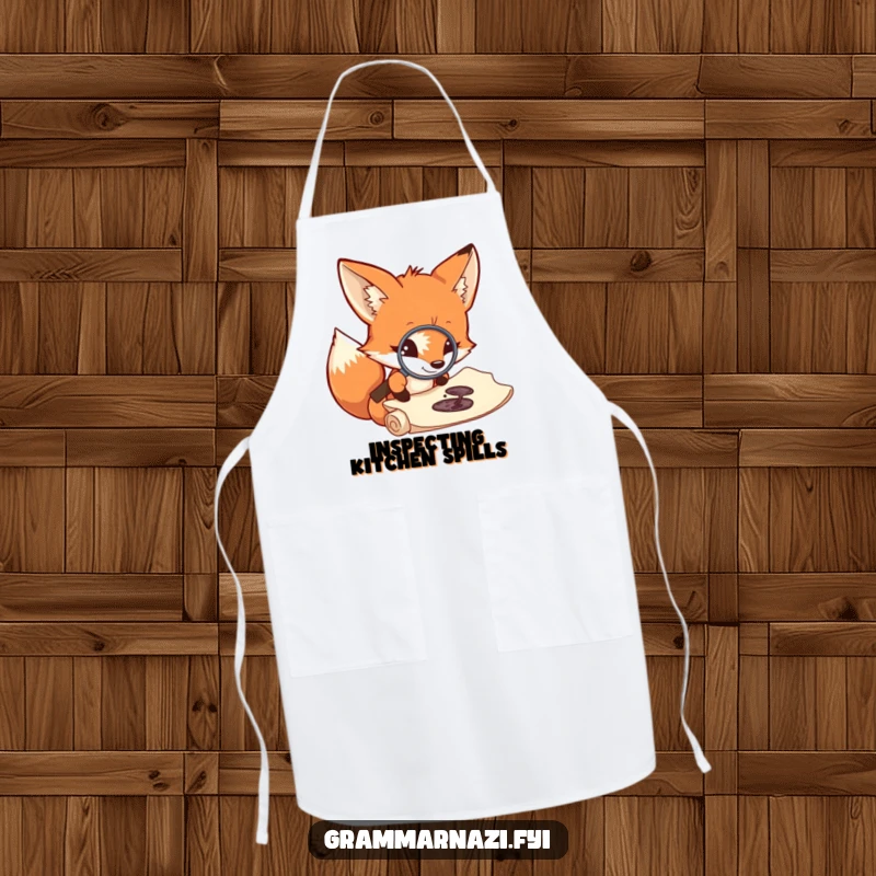 Funny fox chef apron, curious investigator with magnifying glass studying ink splotch, humorous kitchen accessory for cooks.