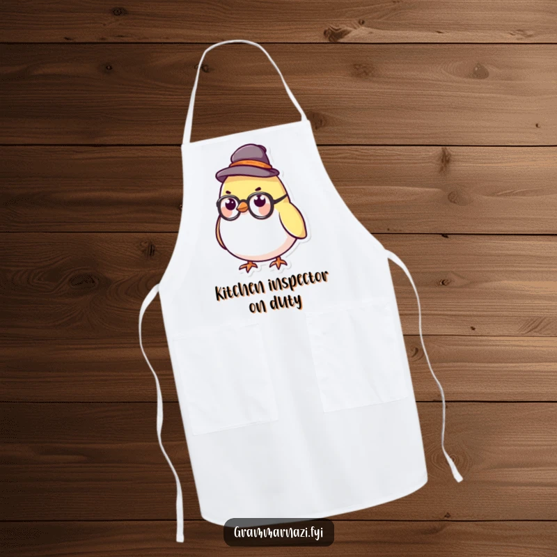 Funny Apron with a stern bird character wearing a hat and glasses, ready to oversee delicious kitchen creations.