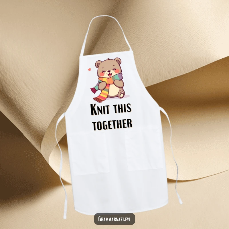 Funny apron showcasing a joyous bear happily knitting a very long, colorful scarf, perfect for crafting in the kitchen.