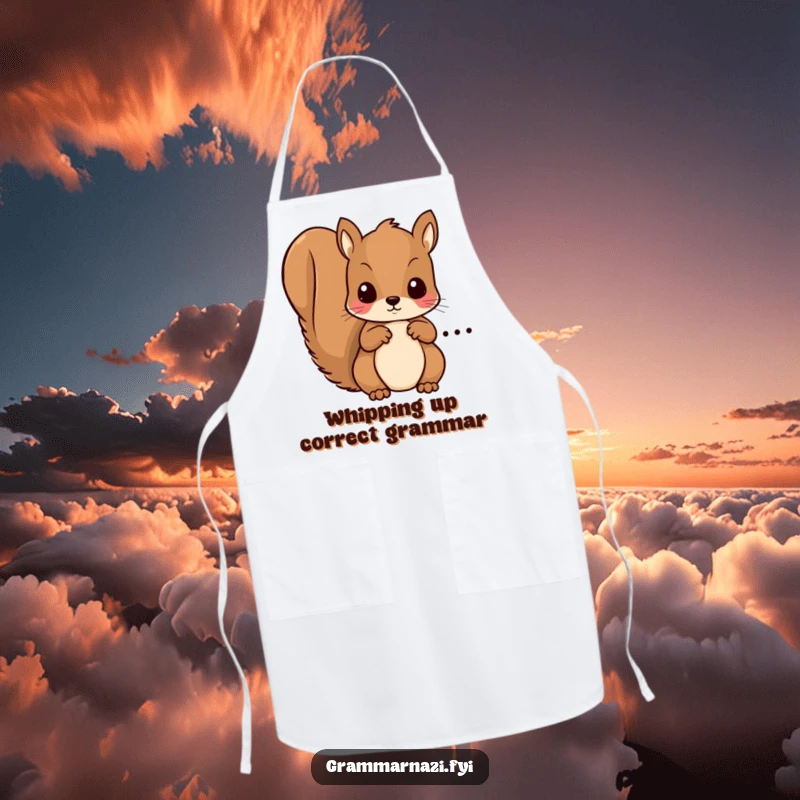 Funny apron featuring a focused kawaii squirrel checking for grammatical errors, perfect for culinary and linguistic enthusiasts.