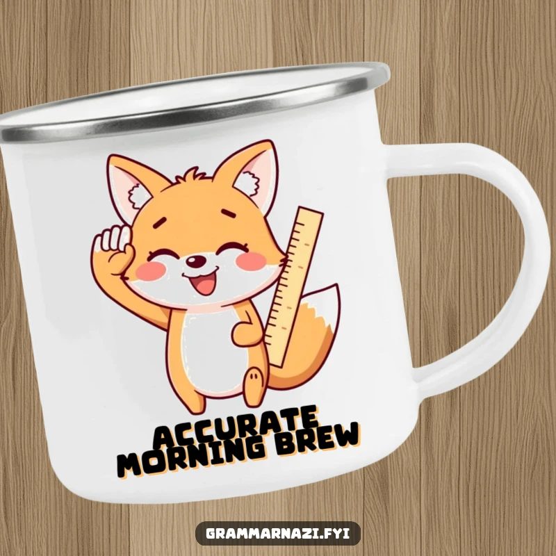 Funny Kawaii Fox Camping Mug: A smiling, cute fox enthusiastically salutes with a ruler, a durable and humorous outdoor mug.