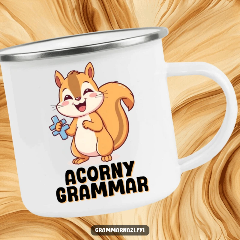 Funny grammar squirrel camping mug, polishing a shiny, perfectly formed grammatical symbol, humorous outdoor drinkware.