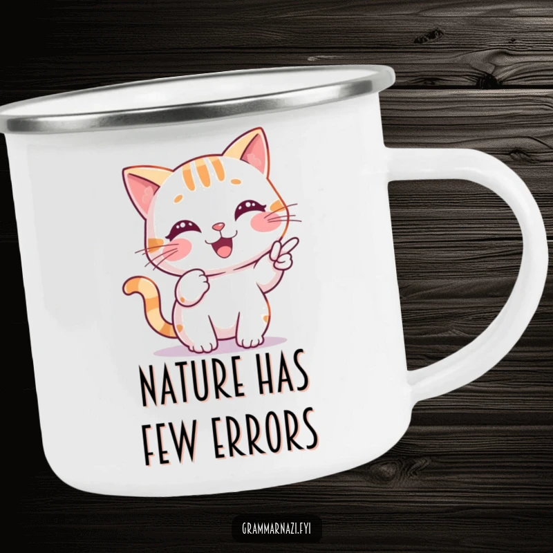 Funny Camping Mug featuring a cheerful cat character pointing at a misplaced comma, ready for outdoor writing inspiration.