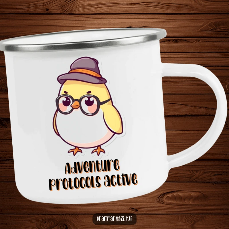 Funny Camping Mug featuring a stern bird character with a hat and glasses, perfect for thoughtful outdoor moments.