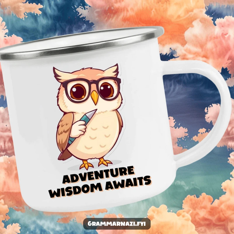 Funny Owl Spectacle Writer Camping Mug: A cute, bespectacled owl taps a pen, perfect for humorous outdoor sipping.