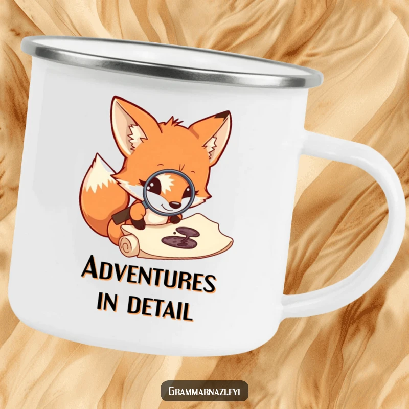 Funny fox explorer camping mug, curious investigator with magnifying glass, humorous outdoor drinkware for adventurers.