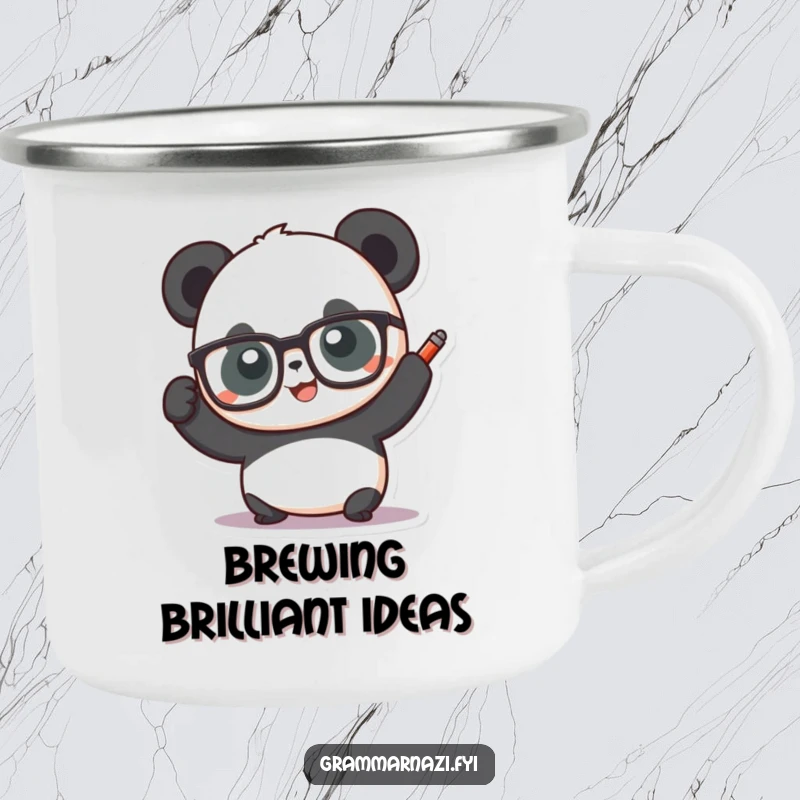 Funny panda with glasses holding a red pen aloft, on a durable camping mug, for enjoying drinks outdoors with a smart twist.
