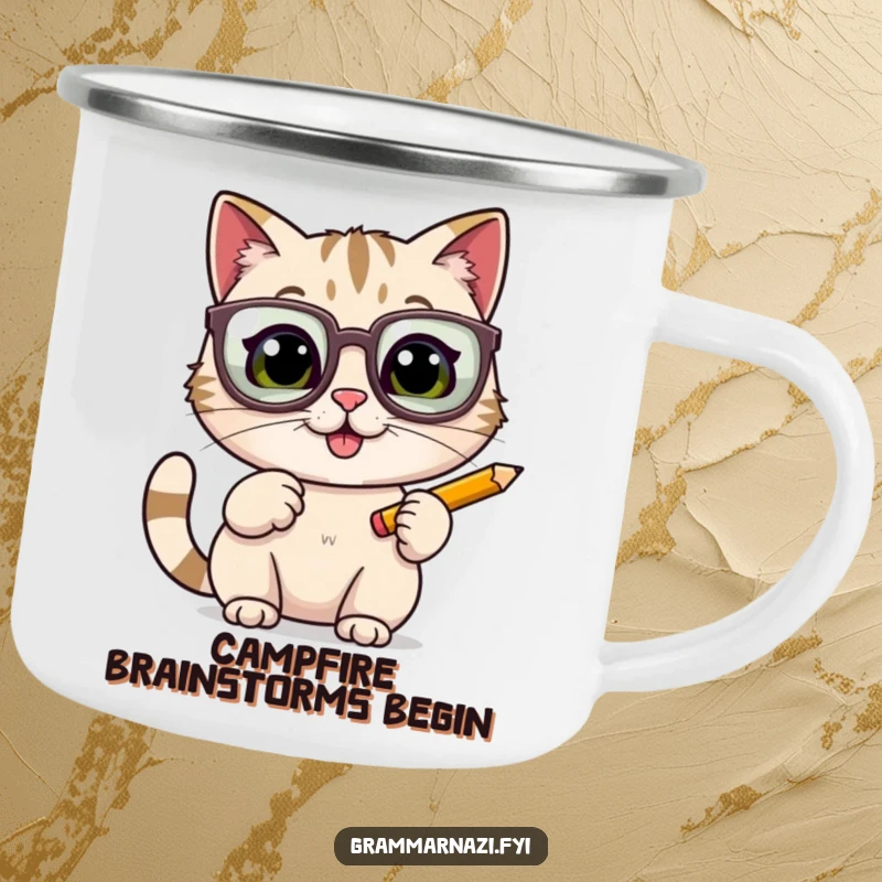 Funny cheerful cat with oversized glasses tapping a pencil, on a camping mug, for enjoying beverages outdoors with a witty touch.