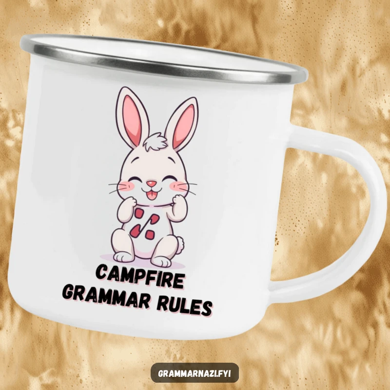 Funny Camping Mug: A cheerful bunny giggles while adjusting a perfectly straight apostrophe, great for coffee outdoors.