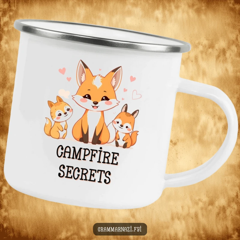 Funny camping mug with a smiling fox whispering to woodland creatures. Campfire tales.