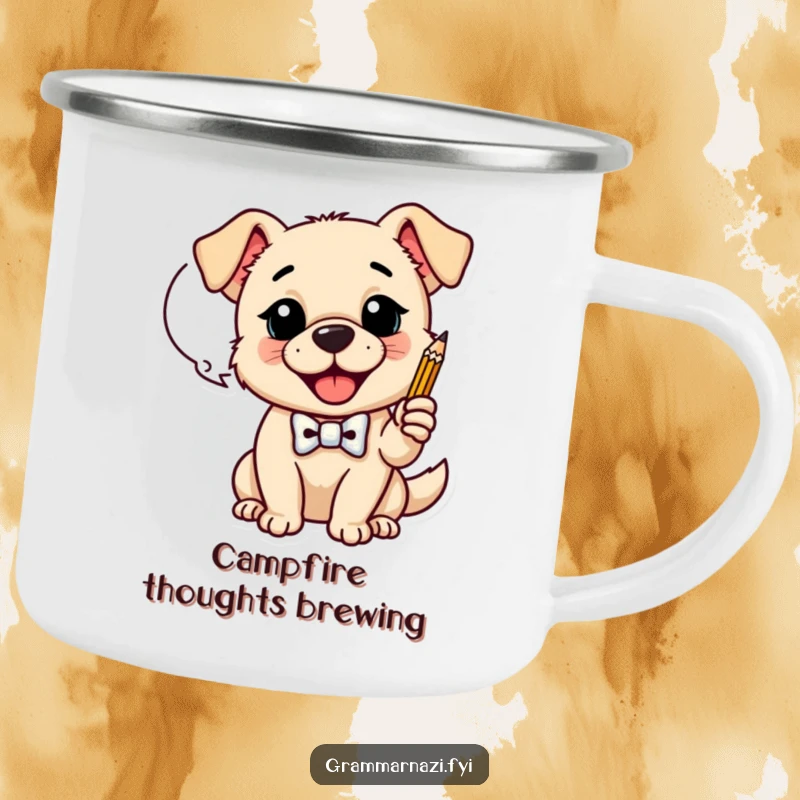 Funny Camping Mug: A happy dog with a bow tie taps a pencil, perfect for funny outdoor brainstorming sessions, a cool funny gift.