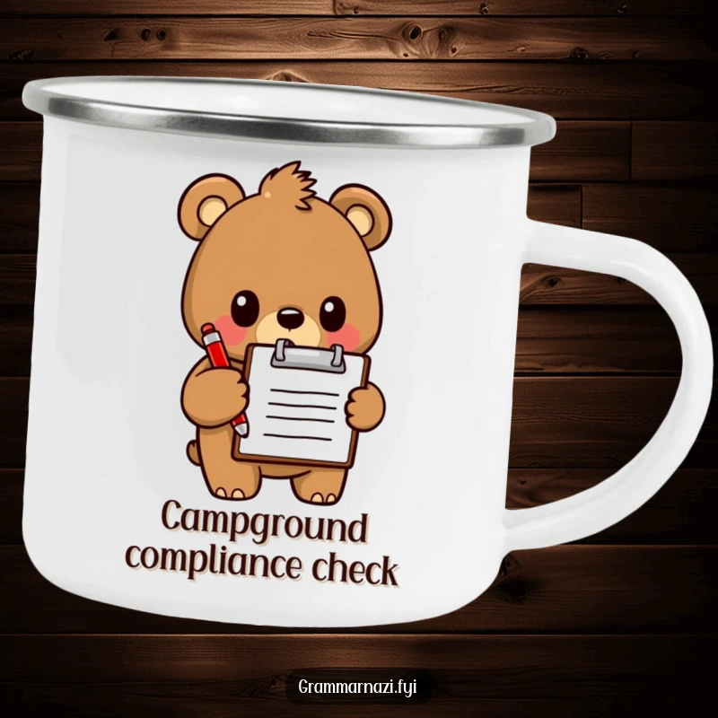 Funny Camping Mug: A determined bear holds a clipboard and red pen, perfect for morning coffee reviews.