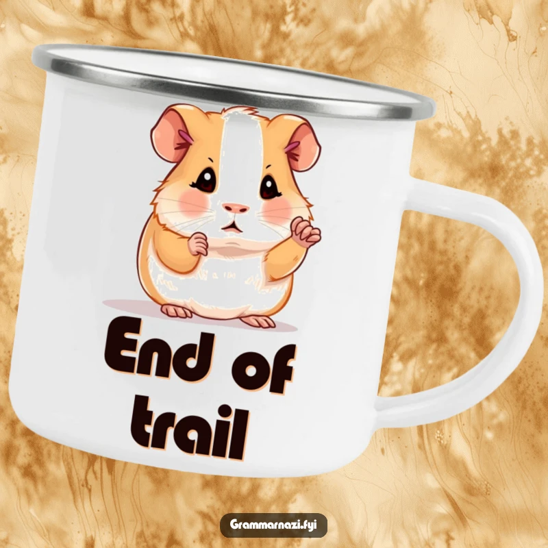 Funny camping mug with a determined guinea pig polishing a period, celebrating grammar in the great outdoors, a humorous gift.