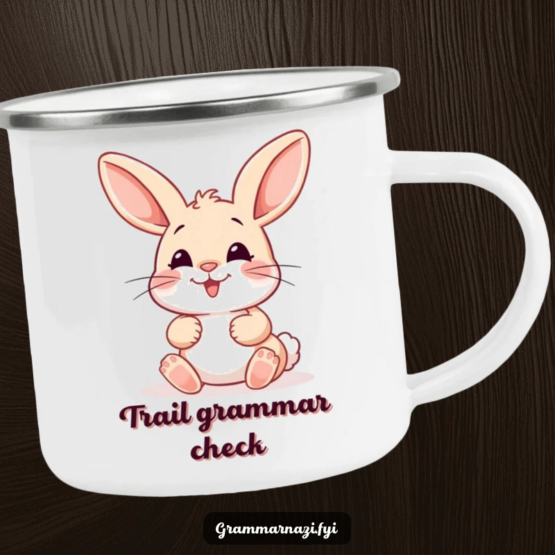 Funny Camping Mug: A happy bunny meticulously places a misplaced colon with care, perfect for enjoying warm drinks on any adventure.