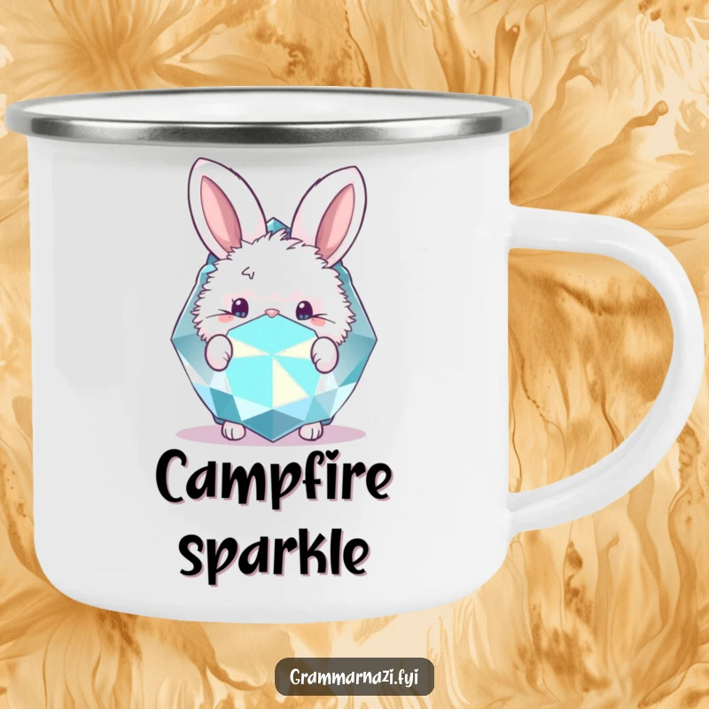 Funny camping mug with a fluffy bunny peeking behind a sparkly gemstone. Outdoor enchantment.