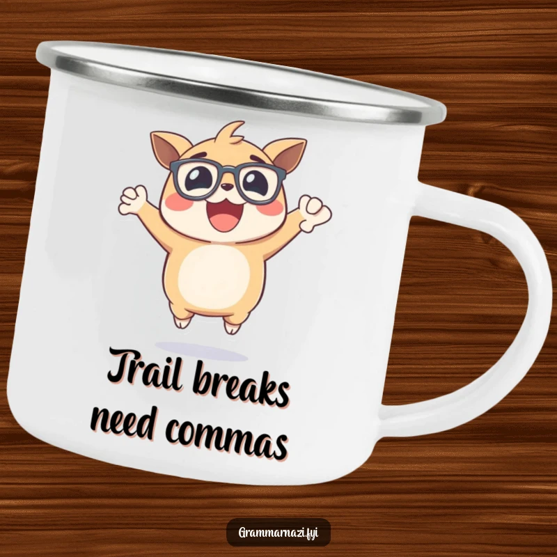 Funny camping mug featuring an excited, bespectacled creature jumping for joy, holding a perfectly placed comma, perfect for outdoor fun.