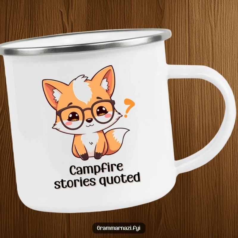Funny Camping Mug: A curious fox wearing spectacles looks at a quotation mark, perfect for outdoor reading.