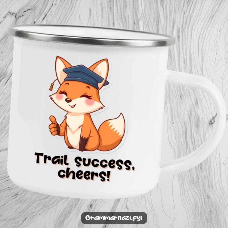 Funny camping mug showcasing a cheerful fox with a graduation cap and thumbs up, perfect for outdoor celebrations.