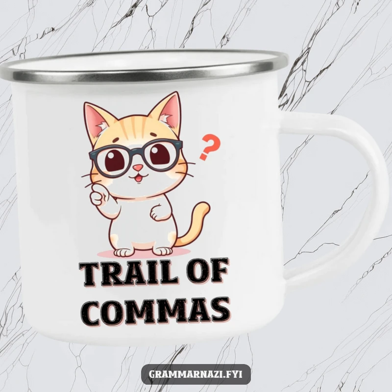 Funny camping mug with a studious cat wearing glasses, pointing at a misplaced comma, ready for outdoor adventures.
