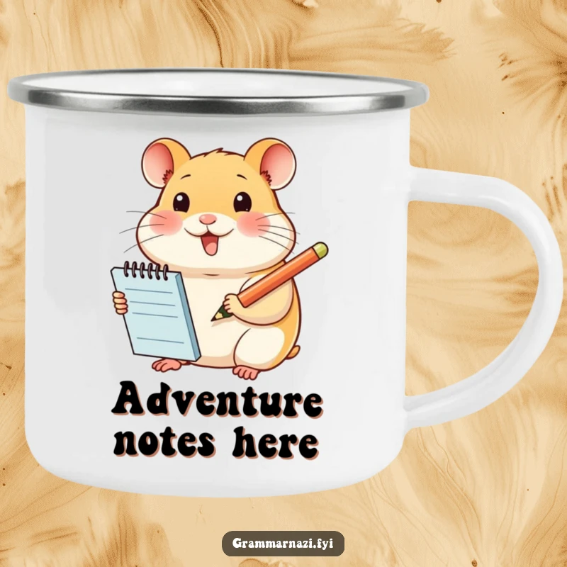 Funny camping mug with a smiling hamster with notepad and pencil, ready for adventure and note-taking, a humorous gift.