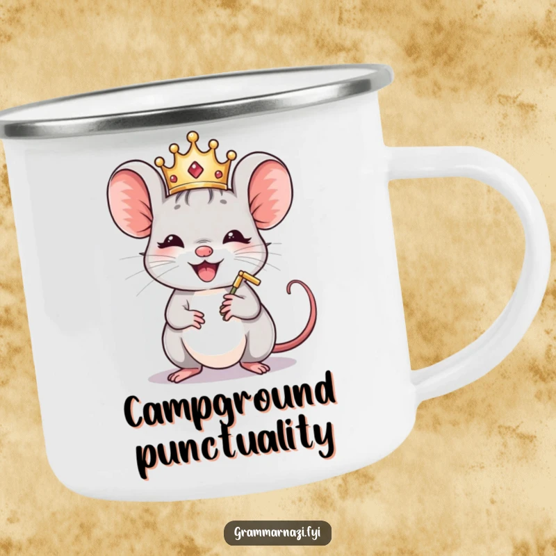Funny Mouse Crown Polisher Camping Mug: A crowned mouse polishes a comma, perfect for humorous outdoor sipping.