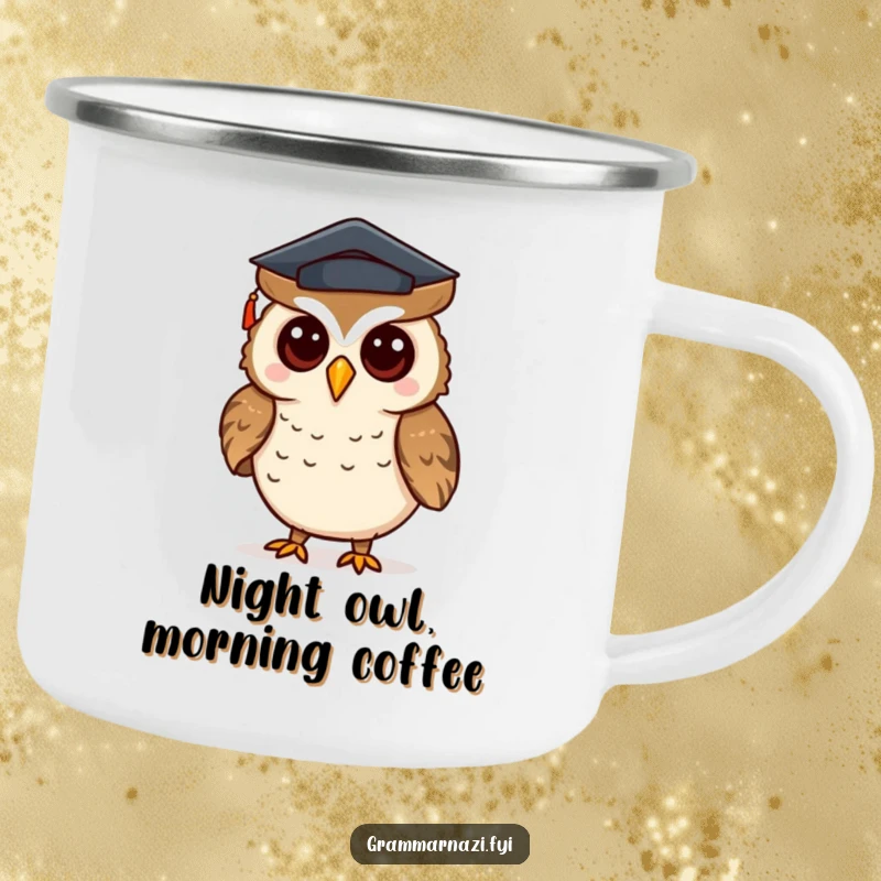 Funny camping mug showcasing a curious owl with a mortarboard, correcting punctuation, a wise and witty outdoor item.