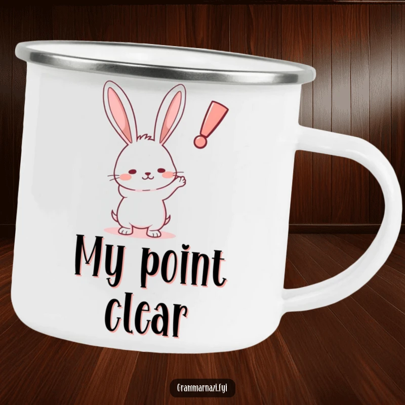 Funny Rabbit Exclamation Camping Mug: A rugged mug with a determined rabbit pointing, ideal for outdoor enthusiasts who appreciate humor.