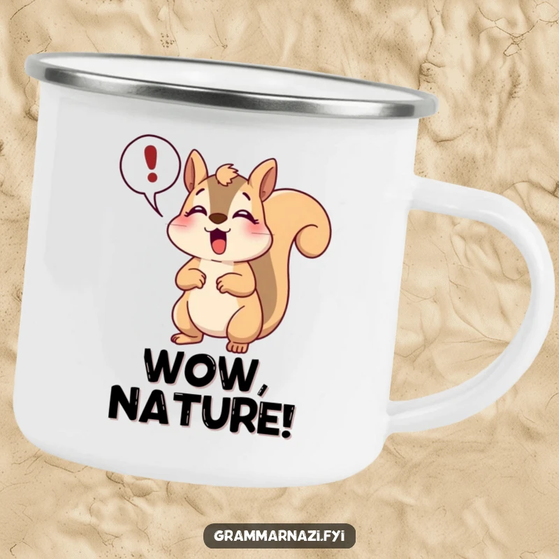 Funny happy squirrel camping mug with a dramatic gasp and exclamation point, perfect for enjoying beverages outdoors with expressive humor.