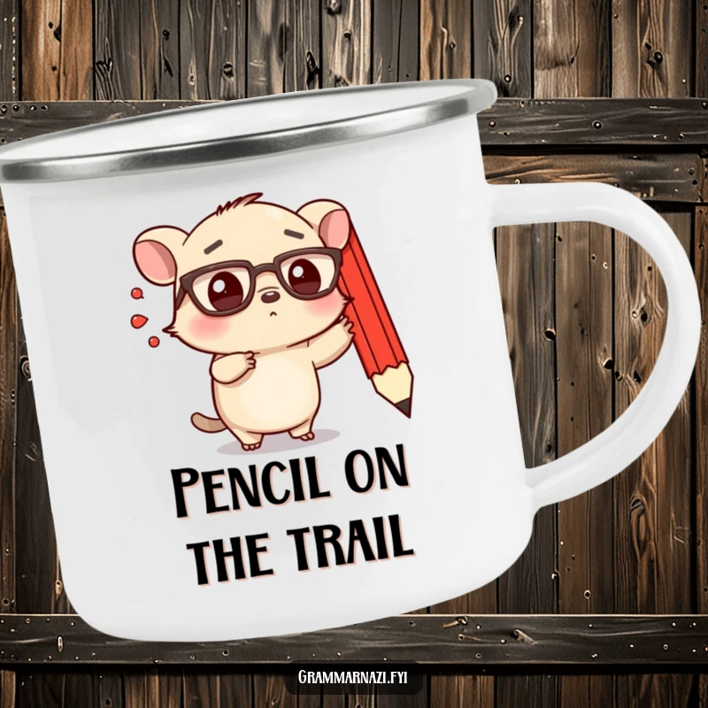 Funny camping mug featuring a small, determined creature with spectacles emphatically pointing at a floating, red pencil.