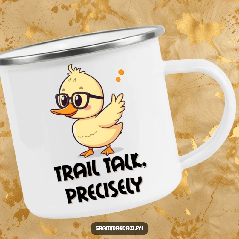 Funny duckling camping mug with spectacles, pointing at an apostrophe, perfect for enjoying beverages outdoors with educational flair.