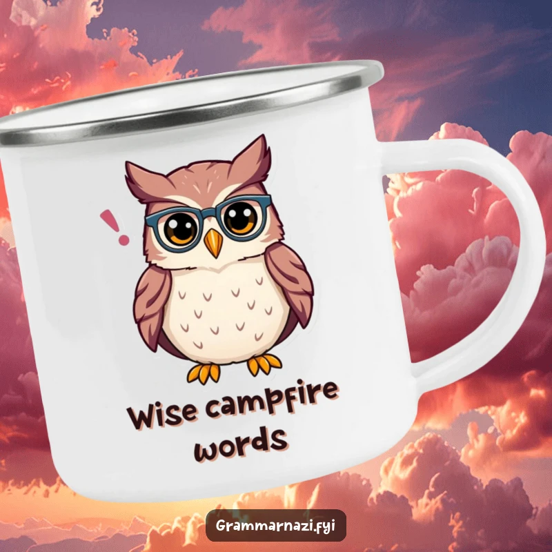 Funny Owl Grammar Camping Mug: A rugged mug with a proud owl wearing spectacles, ideal for outdoor enthusiasts who appreciate intellectual humor.