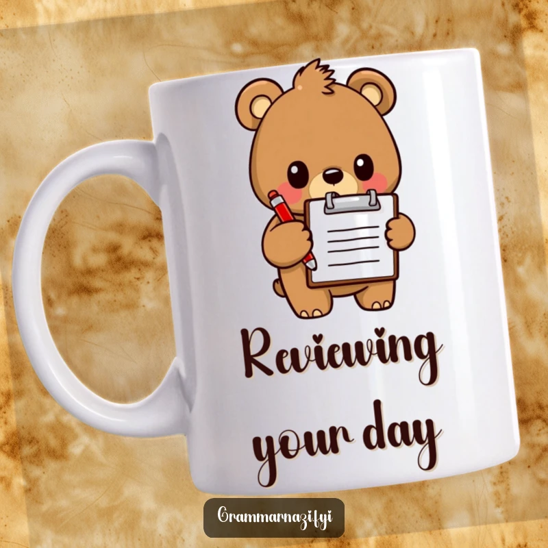 Funny Mug: A determined bear holds a clipboard and red pen, ready for serious business and coffee.