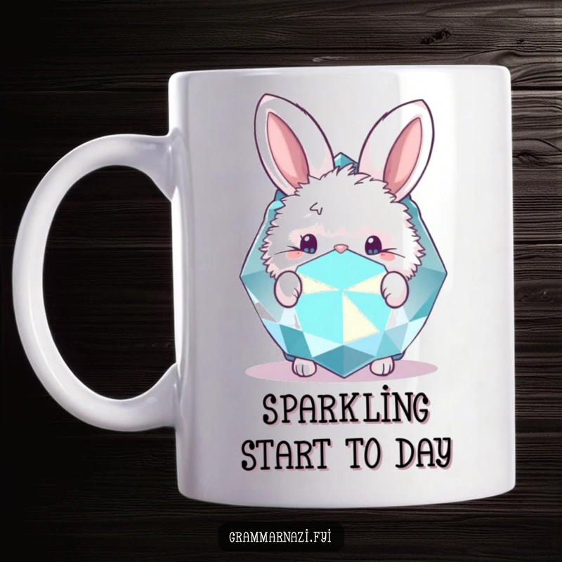 Funny mug with a fluffy bunny peeking from behind a large, sparkly gemstone. Cute and whimsical.