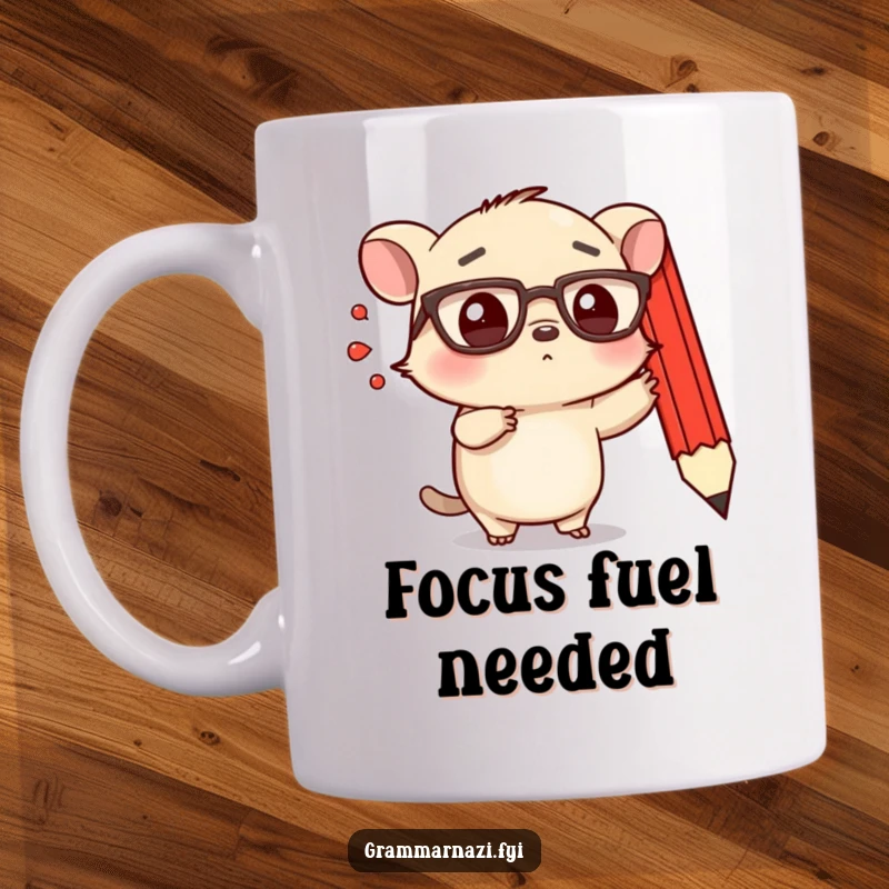 Funny mug featuring a small, determined creature with spectacles emphatically pointing at a floating, red pencil.