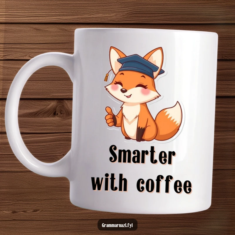 Funny mug featuring a cheerful fox wearing a tiny graduation cap and giving a thumbs up, celebrating success.
