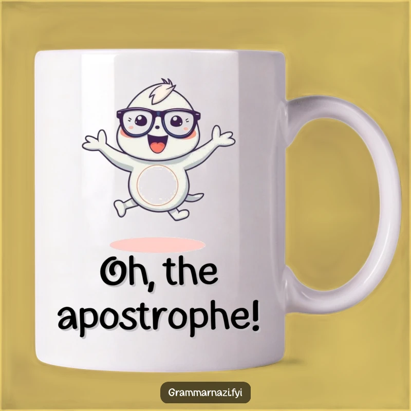 Funny Grammar Mug: Joyful Creature Dances with Apostrophe - Whimsical Funny Gift for Lovers