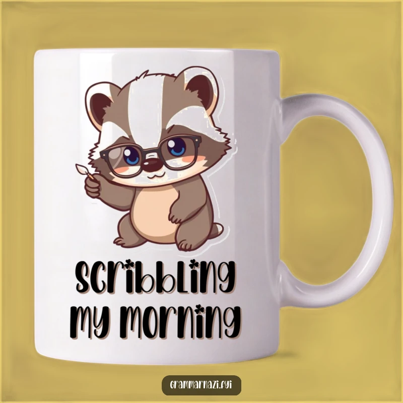 Funny Kawaii Badger Scholar Mug, Studious Quill Writer Gift