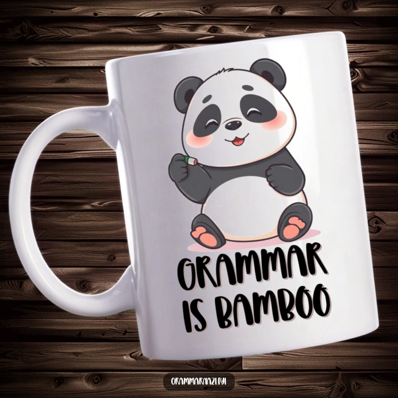 Funny Mug: Playful panda meticulously correcting a hyphen with an eraser, symbolizing funny grammar and precision, great funny gift.